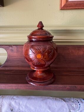 MCM Vintage Hand-Carved Wooden Decorative Jar in Warm Brown